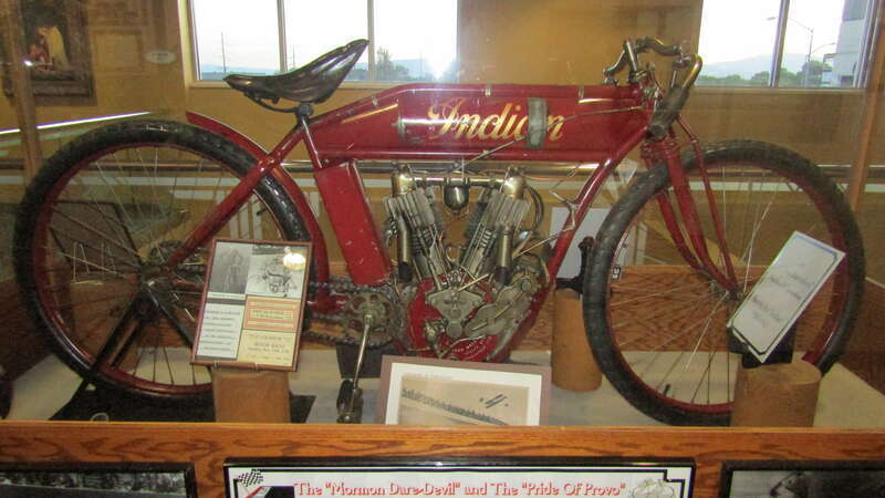 "Indian" motorbike of Theodore M. Samuelson, known as the "Mormon Dare-devil", in the SCERA Center for the Arts.
