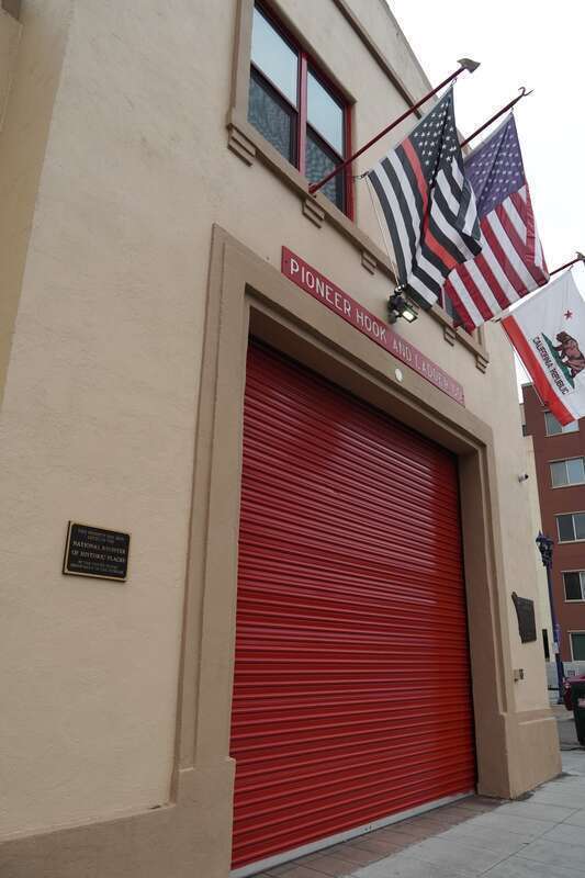 The inscription "Pioneer Hook and Ladder Co" over the door of San Diego's Old Fire Station number 6.