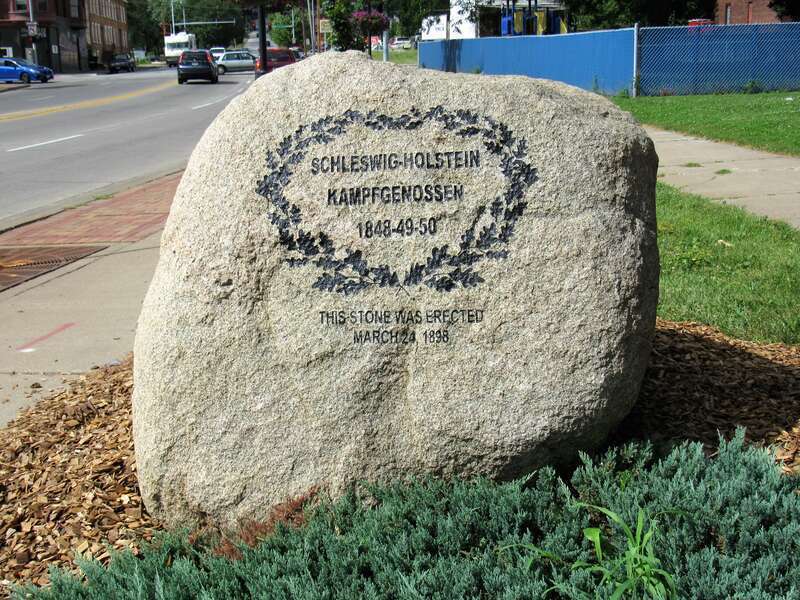 Schleswig-Holstein Kampfgenossen monument located along Gaines Street in Davenport, Iowa. It memorializes the veterans of the First Schleswig War (1848-51). Many settled in Scott County, Iowa after the failed attempt by the Germans to free themselves