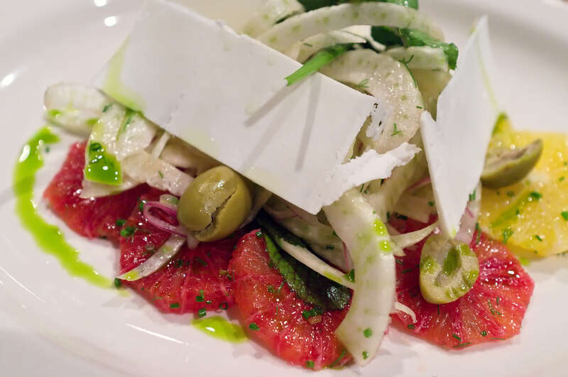 Shaved fennel, navel oranges, blood oranges, picholine olives, ricotta salata and a citrus emulsion.  Nice salad at Ollie Irene.