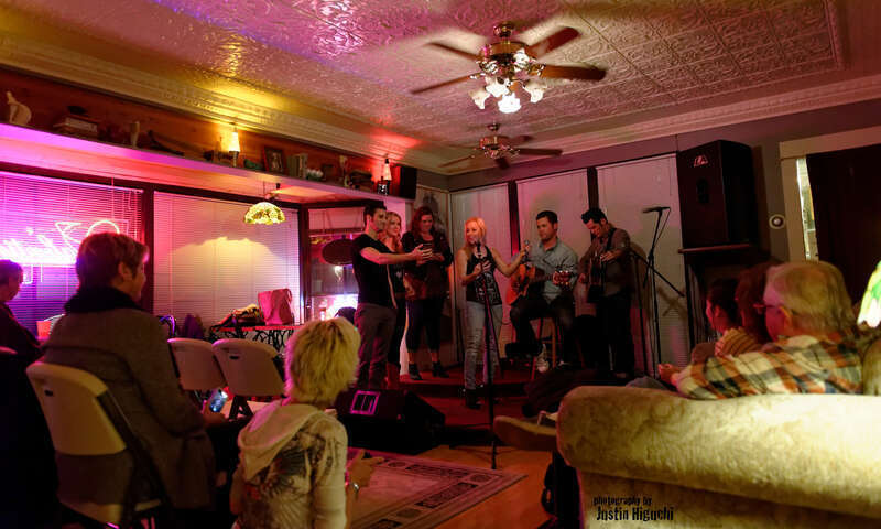 "NAMM Week: Songwriter Series" Songwriters Round at The Ugly Mug Cafe in Orange CA on January 22nd, 2014. Kaela Kinney (tall blonde), Ry Bradley (right), Ryan Terrigno (left), Katelyn Marie (Jack Daniels tshirt), Heidi Howard (dark hair), and Scott