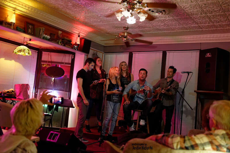 "NAMM Week: Songwriter Series" Songwriters Round at The Ugly Mug Cafe in Orange CA on January 22nd, 2014. Kaela Kinney (tall blonde), Ry Bradley (right), Ryan Terrigno (left), Katelyn Marie (Jack Daniels tshirt), Heidi Howard (dark hair), and Scott