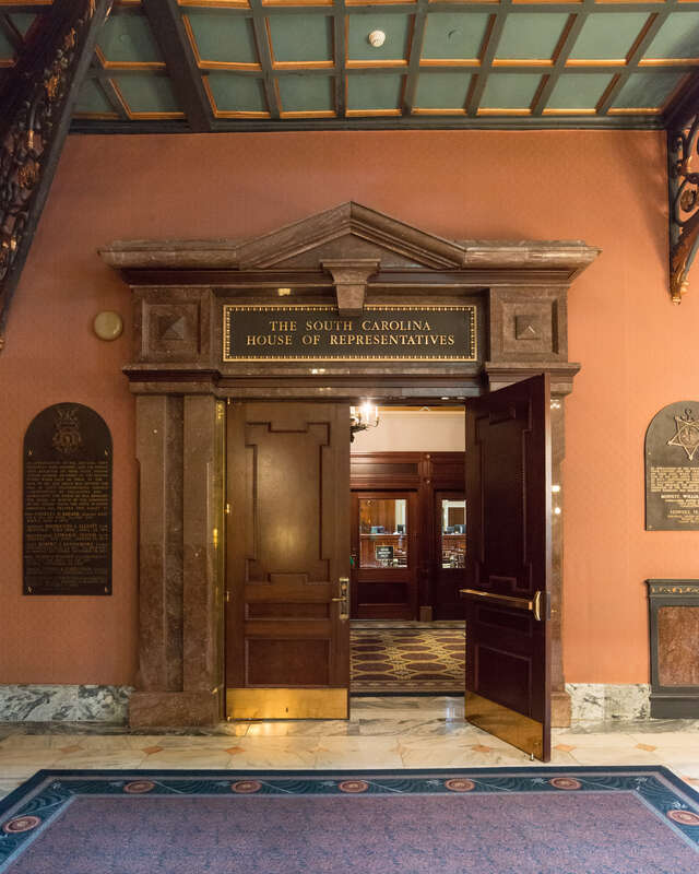 A view of the door leading to the House of Representatives Chamber of the South Carolina State House, Columbia