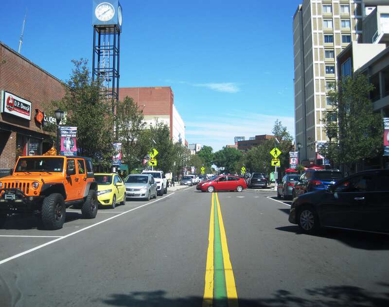 Photo of northbound South Main Street in Wilkes-Barre, Pennsylvania. Photo taken looking northeast between Northampton Street and Public Square.