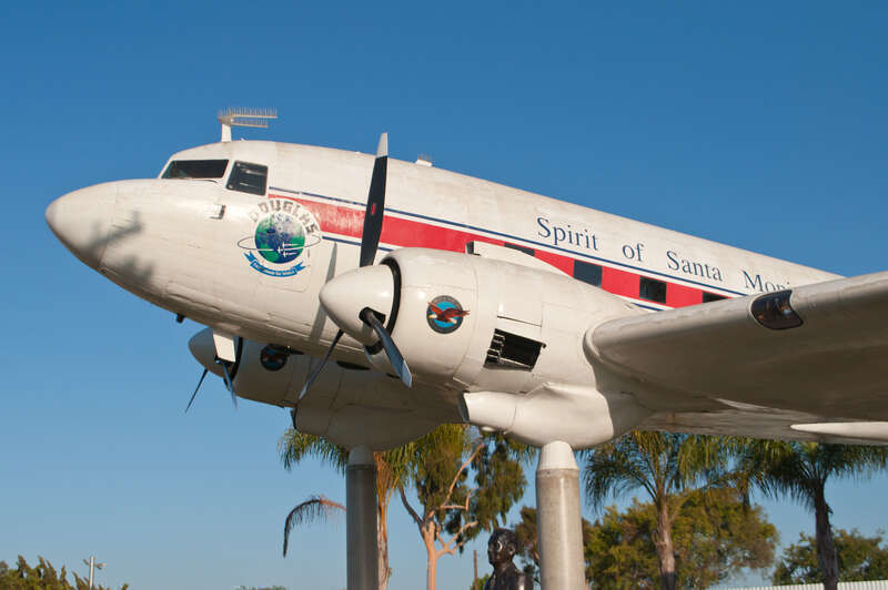 This DC-3, originally built in 1942 right here in Santa Monica for the United States military and in the collection of California Science Center for a while, was brought back to Santa Monica to become the centerpiece of a Douglas memorial in 2009.
