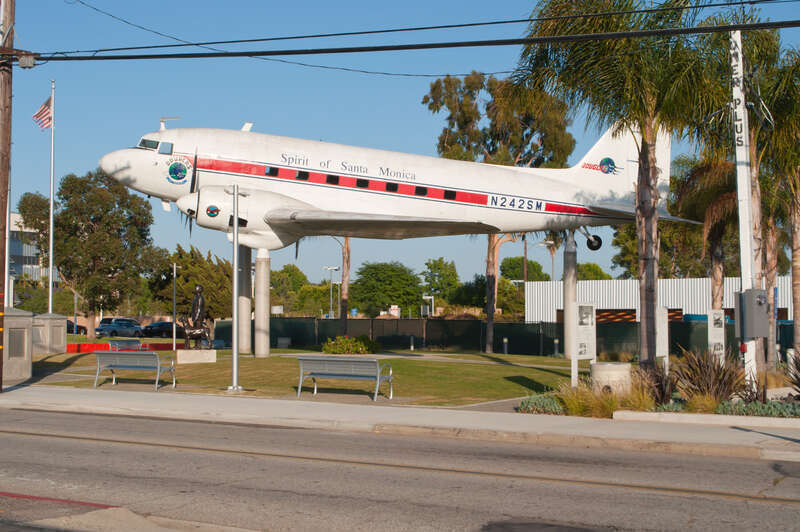 This DC-3, originally built in 1942 right here in Santa Monica for the United States military and in the collection of California Science Center for a while, was brought back to Santa Monica to become the centerpiece of a Douglas memorial in 2009.