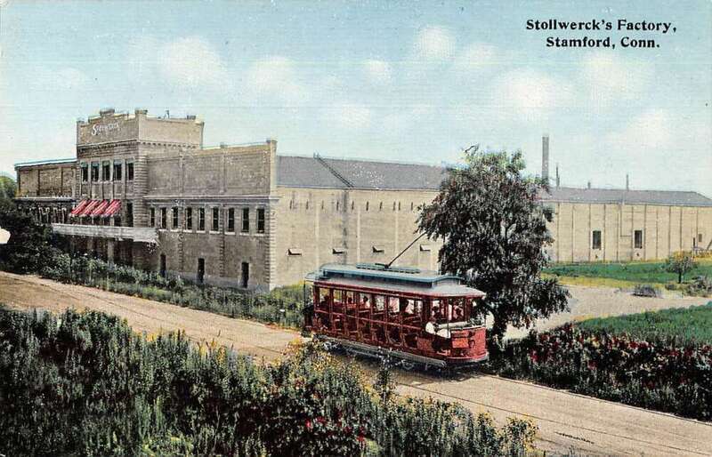 Divided back postcard of the Stollwerck factory and a streetcar on Southfield Avenue in Stamford, with "September 1912" handwritten on the reverse