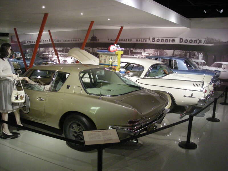 1963 Studebaker Avanti "No. 9", a 1957 Studebaker Golden Hawk 400, and a 1963 Studebaker Lark Sedan at the Studebaker National Museum in South Bend, Indiana (United States).