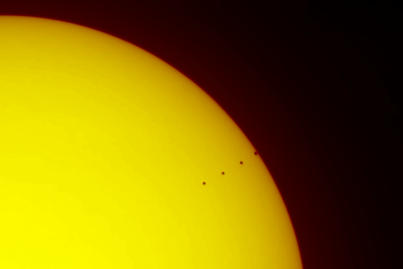 The November 2019 Transit of Mercury. Composite mosaic of 5 image stacks showing the movement of Mercury during the final ~30 minutes of transit.
The featureless Sun, free of sunspots, completely dwarfs the inner planet Mercury. The area of the Sun