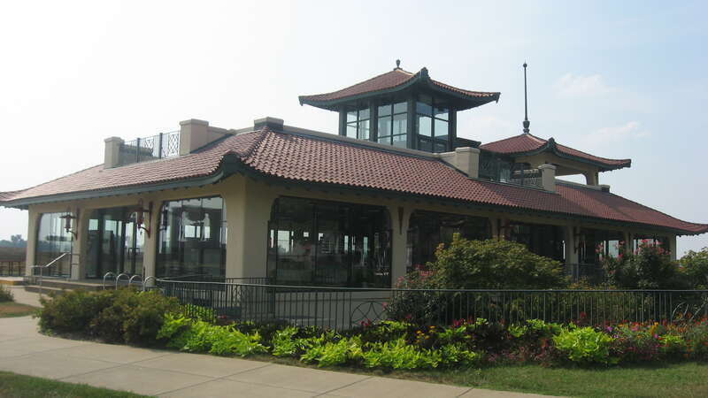 Front and southeastern side of the Sunset Park Pavilion, located at 411 SE. Riverside Drive in Evansville, Indiana, United States.  Built in 1912, it is listed on the National Register of Historic Places.