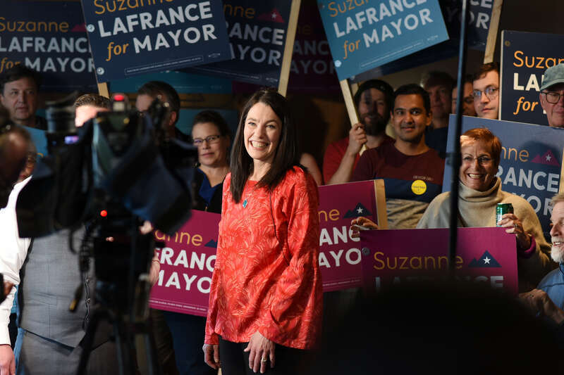 Images from Suzanne LaFrance's May 14, 2024 election night party. Early results showed LaFrance holding a commanding lead over incumbent Anchorage mayor Dave Bronson.
Photo credit: "Photo used via Creative Commons license courtesy Paxson Woelber, the