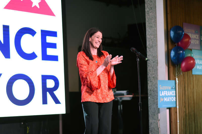 Images from Suzanne LaFrance's May 14, 2024 election night party. Early results showed LaFrance holding a commanding lead over incumbent Anchorage mayor Dave Bronson.
Photo credit: "Photo used via Creative Commons license courtesy Paxson Woelber, the