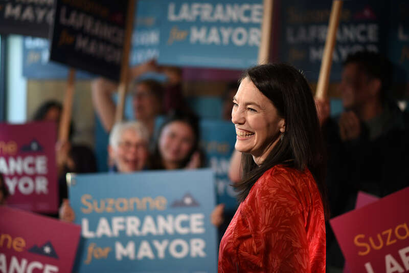 Images from Suzanne LaFrance's May 14, 2024 election night party. Early results showed LaFrance holding a commanding lead over incumbent Anchorage mayor Dave Bronson.
Photo credit: "Photo used via Creative Commons license courtesy Paxson Woelber, the