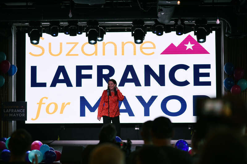 Images from Suzanne LaFrance's May 14, 2024 election night party. Early results showed LaFrance holding a commanding lead over incumbent Anchorage mayor Dave Bronson.
Photo credit: "Photo used via Creative Commons license courtesy Paxson Woelber, the