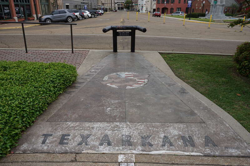 The state line between Texarkana, Arkansas, and Texarkana, Texas (United States).