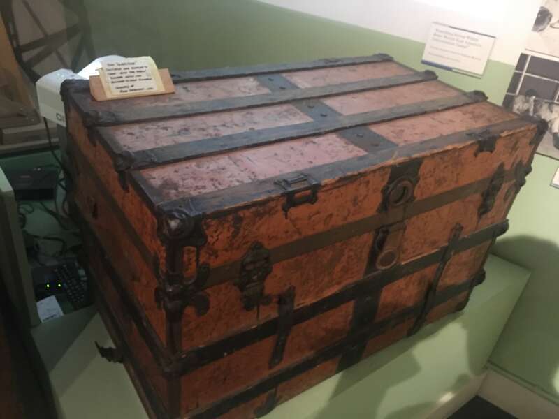 A real chest that was used to carry personal belongings of an internee, as part of the "Uprooted! Japanese Americans During WWII" exhibit on the first floor of the The California Museum.