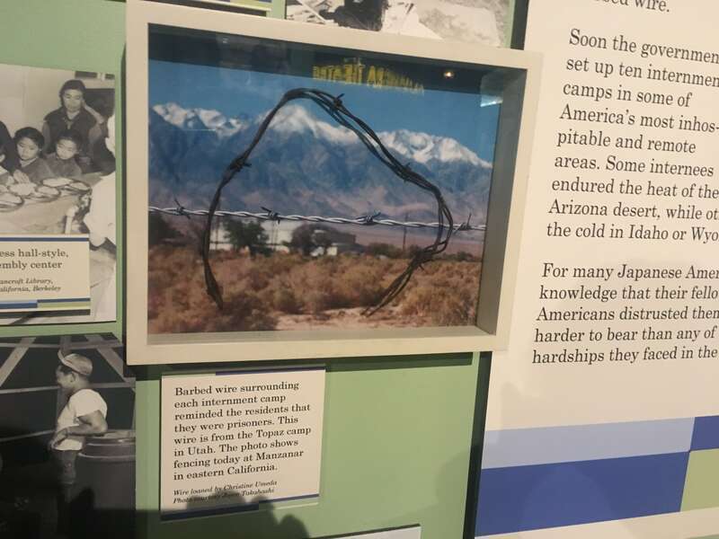 A section of actual barbed wire that used to surround an internment camp, as part of the "Uprooted! Japanese Americans During WWII" exhibit on the first floor of the The California Museum.