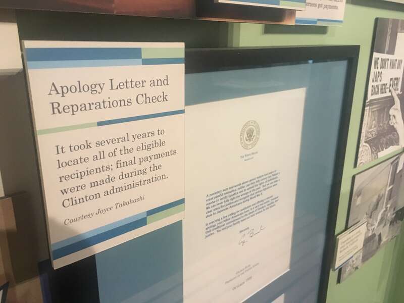 An apology letter from President George H.W. Bush as well as a reparations check (not pictured), as part of the "Uprooted! Japanese Americans During WWII" exhibit on the first floor of the The California Museum.