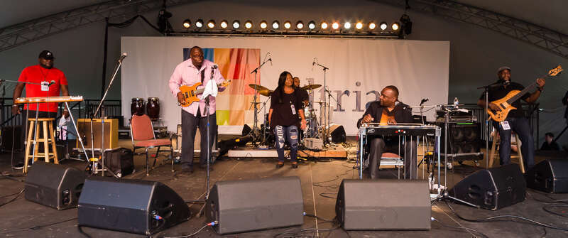 Brothers Chuck, Phil, and Darick, plus Phil’s son Carl and their cousin Denise Brown.  Daric Bennett on bass.
Chuck Campbell was a 2004 NEA National Heritage Fellow for his mastery of the Gospel steel guitar.  The award reads,

"Charles "Chuck" T.