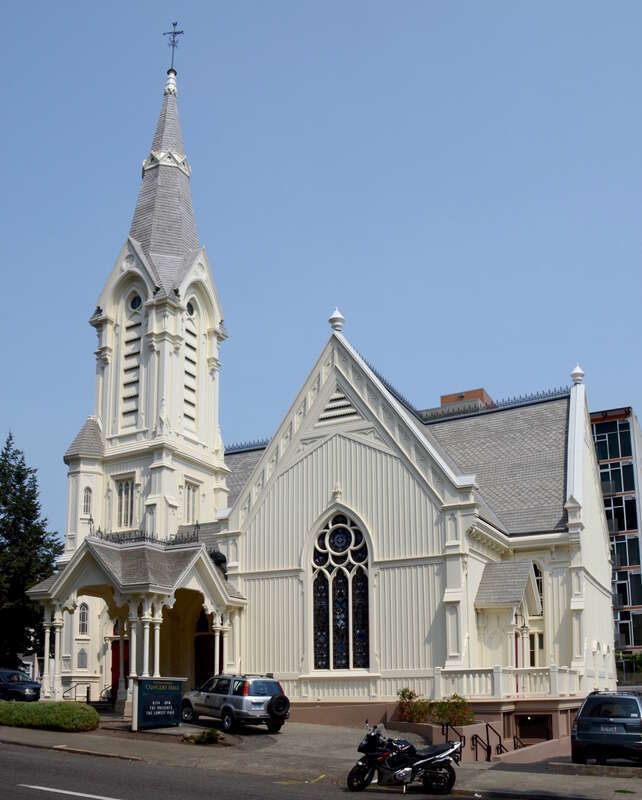 The Old Church (Portland, Oregon) (originally the Calvary Presbyterian Church) in downtown Portland, Oregon, viewed from the south, after a recent repainting and the addition of a weathervane atop the steeple.
