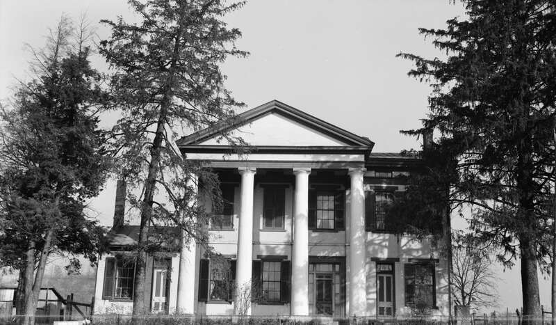 Front of the Thompson-Bullock House, located off State Route 221 west of Georgetown in Pleasant Township, Brown County, Ohio, United States.  Built in 1852, it is listed on the National Register of Historic Places.