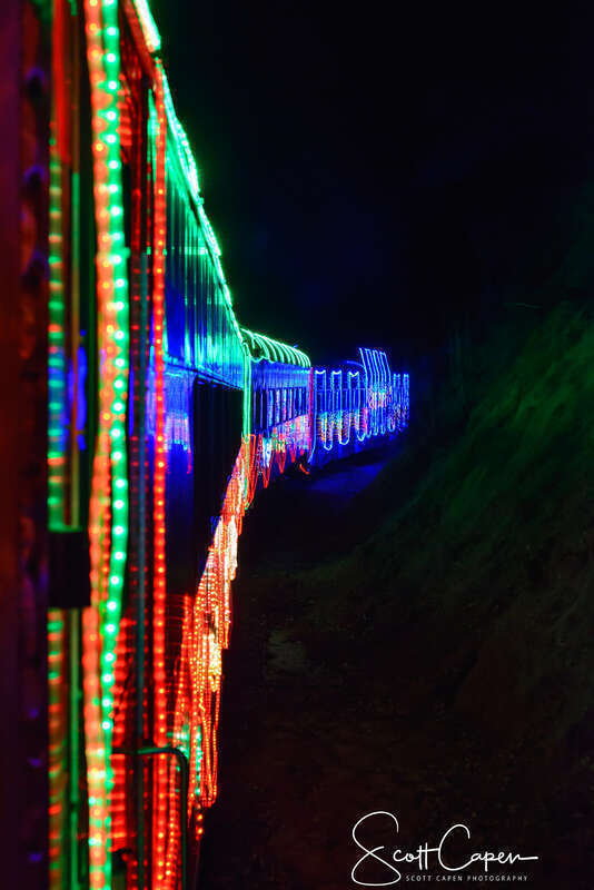 500px provided description: The test run for the "Train of Lights" of Niles Canyon Railway in Fremont, CA. They run the train from the day after Thanksgiving through Dec. 30th. The train sells out quickly, usually as soon as tickets go on sale in