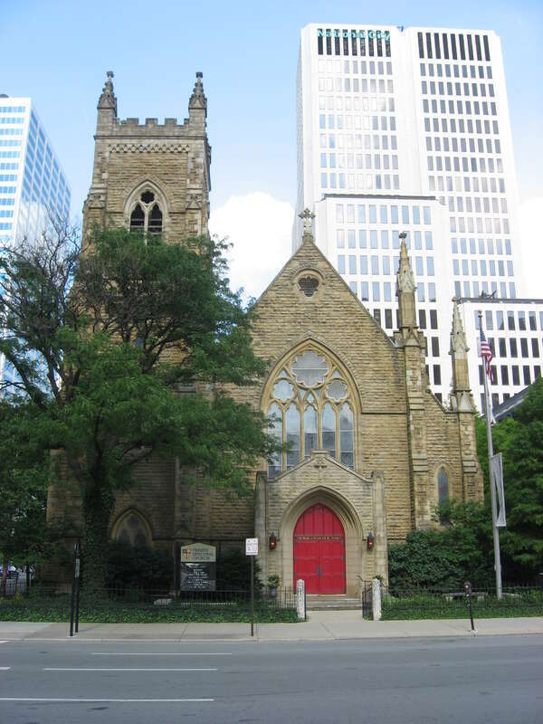 Front of Trinity Episcopal Church, located at 125 E. Broad Street across from the Statehouse in downtown Columbus, Ohio, United States.  Built in 1866, it is listed on the National Register of Historic Places.