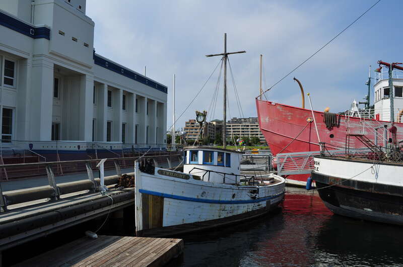 The troller Twilight docked at Northwest Seaport, South Lake Union, Seattle, Washington, USA. The 36-footer, built 1933 at Fishermen's Terminal, Seattle, Washington, was actively used for commercial fishing until the 1980s, and has been owned by