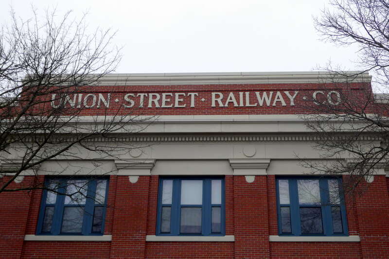 UNION STREET RAILWAY CO on the former Union Street Railway carbarn in New Bedford in December 2023