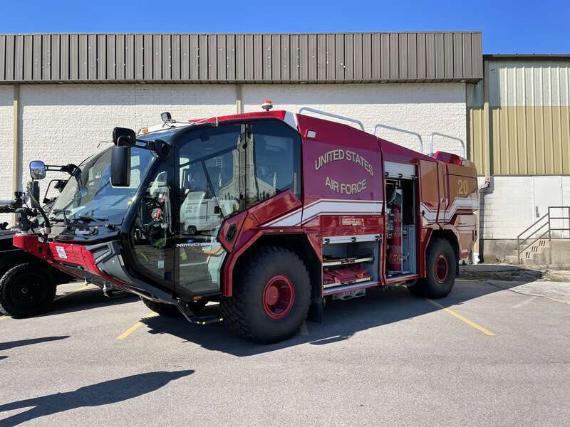 Rosenbauer Panther 4x4 Gen4 airport fire truck in service with the Wright Patterson Air Force Base Fire Department in March 2022. Vehicle on display at March Madness First Four event in downtown Dayton.