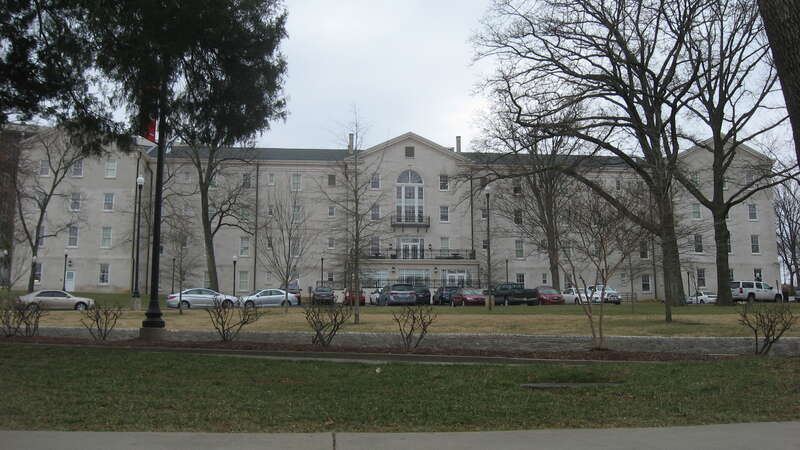 Front of West Hall on the campus of Western Kentucky University in Bowling Green, Kentucky, United States.  Built in 1928, it is listed on the National Register of Historic Places.