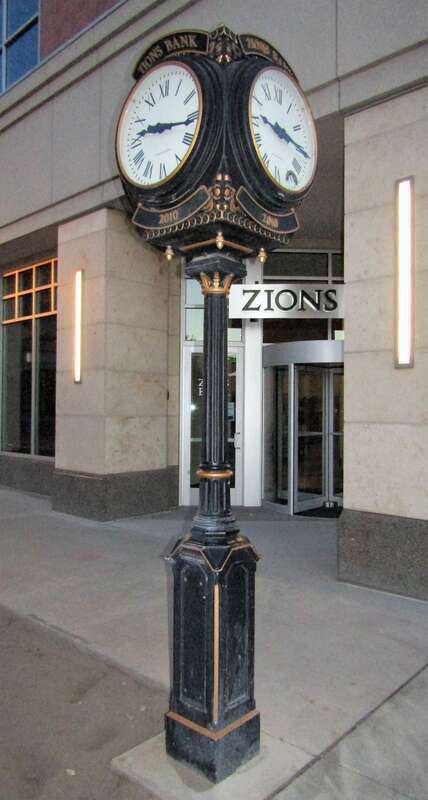 Clock outside the Zions Bank Financial Center in Provo, Utah.