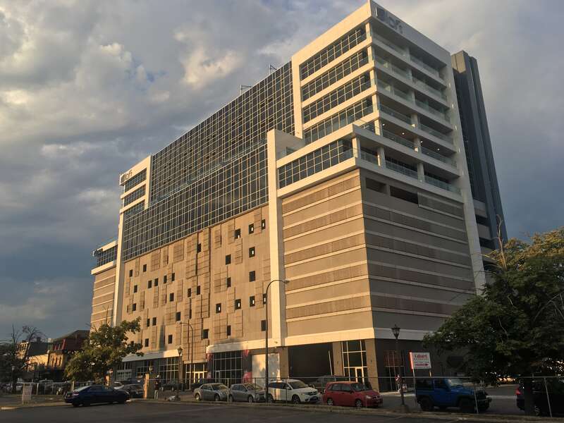 Downtown Buffalo's newest high-rise, the widely disliked 500 Pearl Street (seen here from a parking lot on the west side of Franklin Street between West Tupper and West Chippewa Streets). Currently home to an 110-room Aloft hotel, the corporate