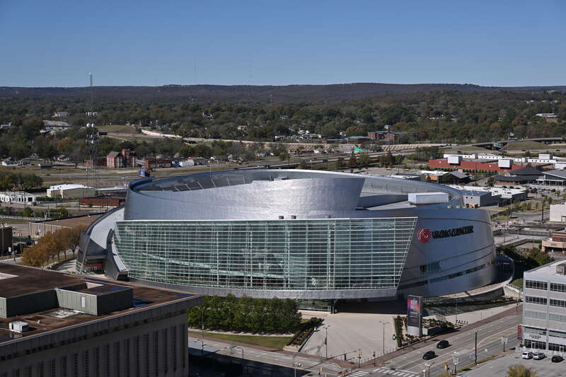 Looking down on the BOK Center, a round multi-purpose arena. 200 South Denver Avenue West, Tulsa, Oklahoma 74103.