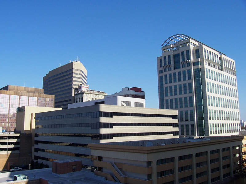 A view of downtown Columbia, South Carolina from the top of a parking garage.