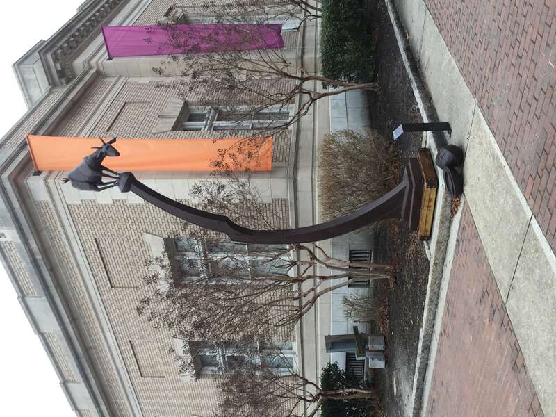For No Apparent Reason. Painted steel and wood sculpture by artist Paul Wood. On public display in front of the Arts Council of Fayetteville, on Hay Street, in downtown Fayetteville, NC.