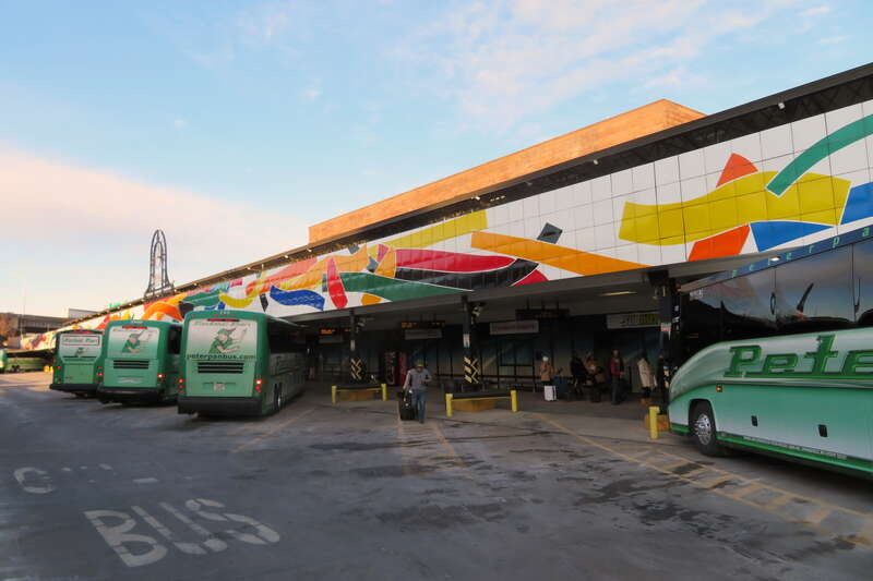 Intercity bus terminal with Peter Pan buses at Hartford Union Station in December 2017