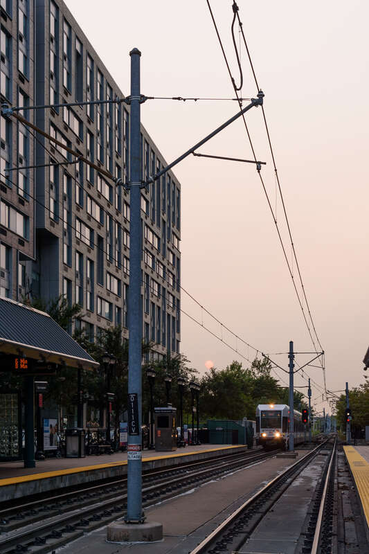 Marin Boulevard station, Jersey City, New Jersey, at sunset with smoke from the 2020 Western United States wildfires.