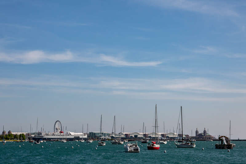 Looking from Grant Park across Monroe Harbor to Navy Pier in Chicago.

I like the boat with the slide on it (lower right).