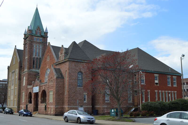 Front and western side of the former First Baptist Church, located at 119 Twenty-ninth Street in Newport News, Virginia, United States.  Built in 1902, it is listed on the National Register of Historic Places.