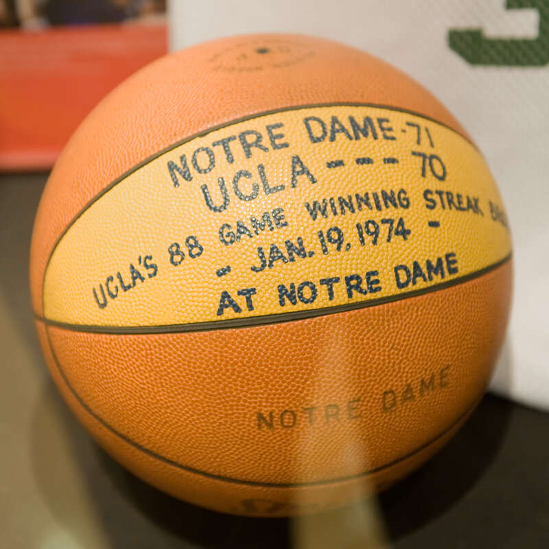 Basketball from the game that ended the longest winning streak in NCAA Division I history. Notre Dame defeated UCLA, 71-70, on January 19, 1974 to end the Bruins 88-game run.