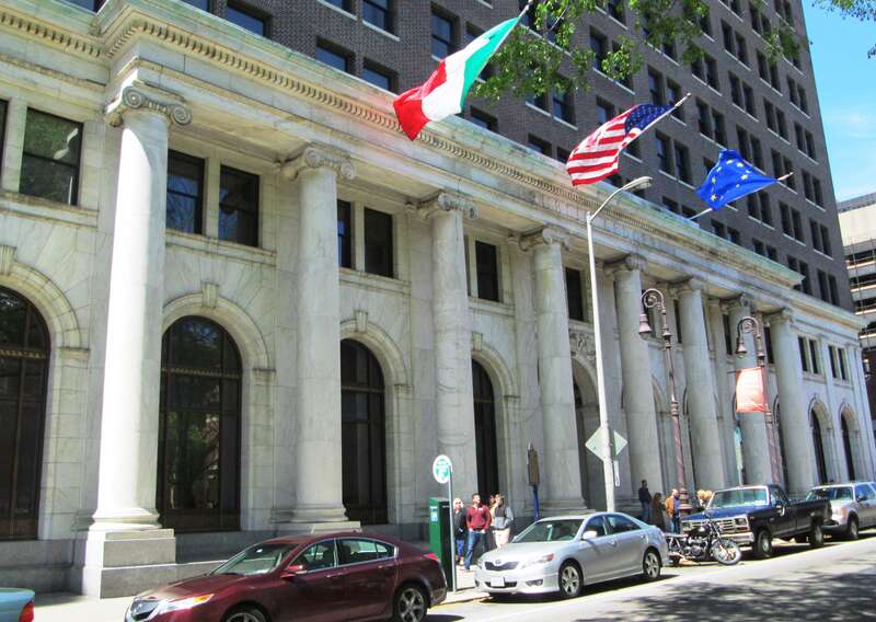 The Public Ledger Building at Chestnut and S. 6th Streets in the Center City area of Philadelphia was built in 1924 and was designed by Horace Trombauer in the Georgian Revival style.  The newspaper was founded in 1836 by Cyrus H. K. Curtis, the