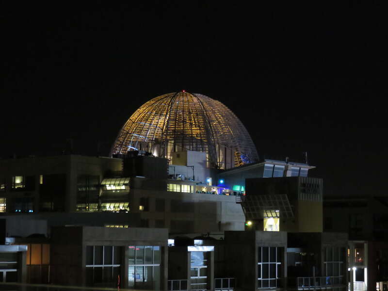 Dome of the San Diego Central Library at night in 2016, viewed from the Indigo Hotel roofdeck