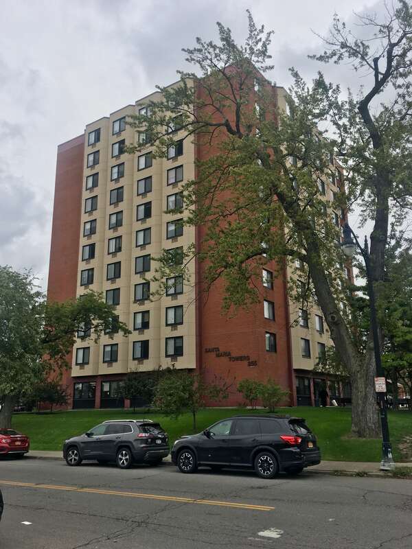 The Santa Maria Towers apartment complex in Buffalo, New York, as seen from the northeast corner of Connecticut Street and Fargo Avenue, October 2019.