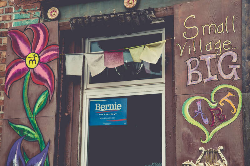 A "Bernie for President" sign in a window in the East Village neighborhood, near E 5th Street and E Grand Ave in Des Moines, Iowa.