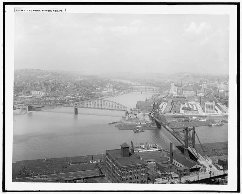 Original, suspension 1877 Point Bridge and 1915 North Side Point Bridge, known as Manchester Bridge, in Pittsburgh, PA.