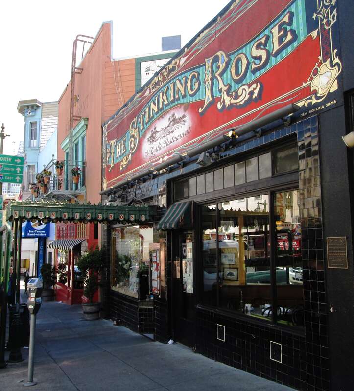 The Stinking Rose restaurant at 325 Columbus Avenue between Broadway and Vallejo Street in San Francisco, California was founded in 1991, and is San Francisco's first garlic restaurant, "the stinking rose" being a name for garlic coined by Roman
