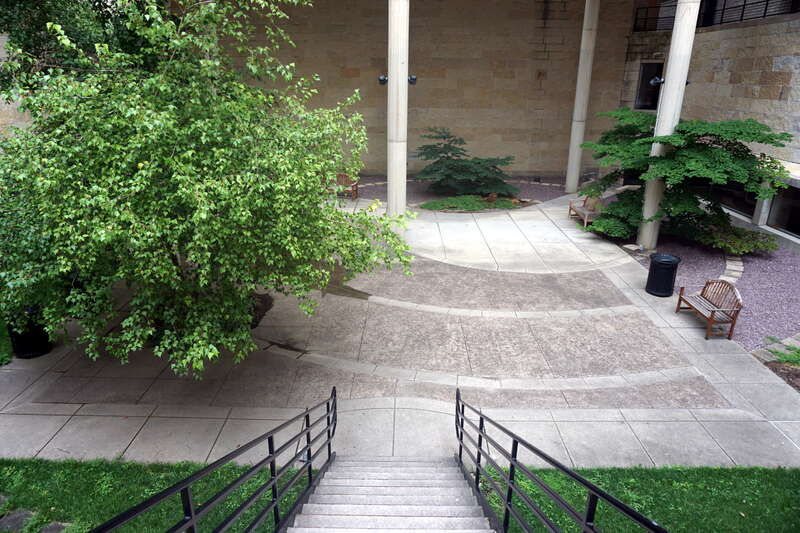 The courtyard of the Mosse Humanities Building on the campus of the University of Wisconsin–Madison in Madison, Wisconsin (United States).