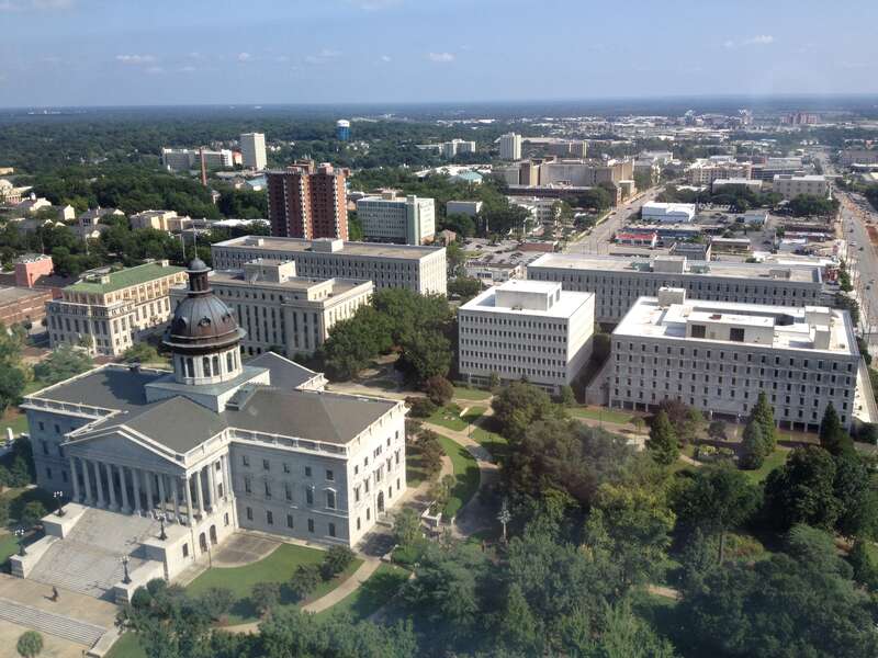 A view of the south side of Columbia, SC from the 24th floor of the Capitol Center, including the SC State House, USC, and Williams-Brice Stadium