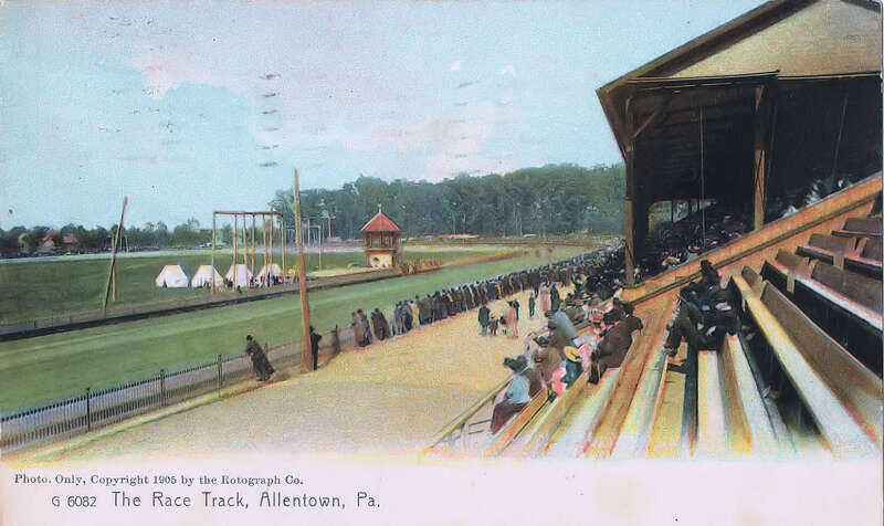 This colorized photo postcard shows the old wooden grandstand and the horse racing track (1/2 mile) at the Allentown Fairgrounds about 1900.    The wooden grandstand dated to the 1870s when the fairgrounds was established at its current location.